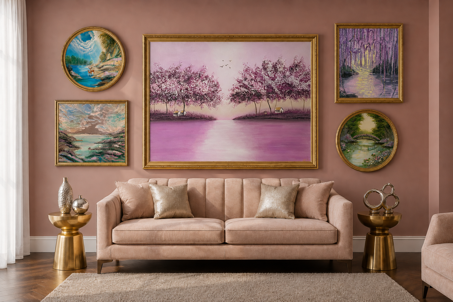 A luxurious living room featuring BM Artistry's pink landscape paintings
